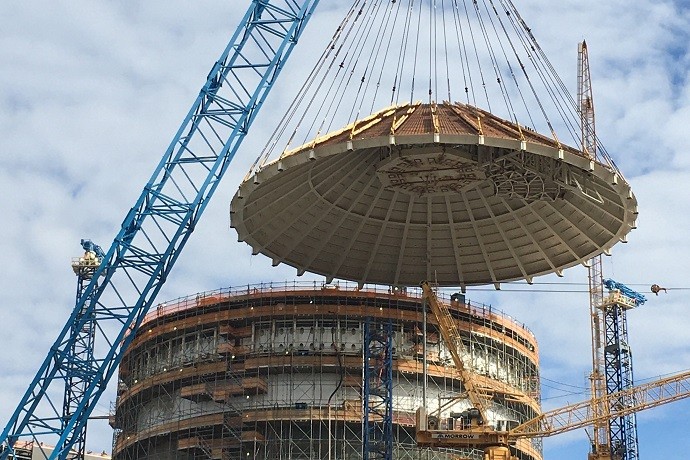 The two-million-pound roof of the Vogtle Unit 3 shield building has been set into place at Georgia Power’s nuclear expansion project near Waynesboro, Georgia.