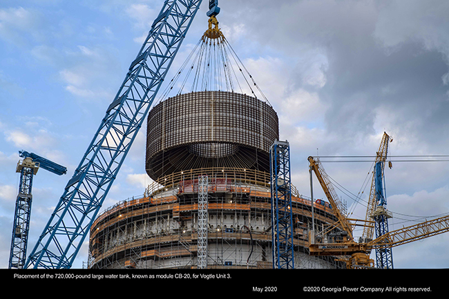 Placement of the 720,000-pound large water tank, known as module CB-20, for Vogtle Unit 3