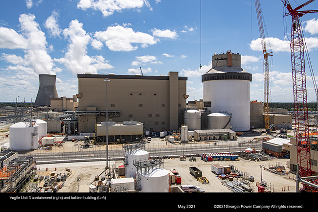 Vogtle Unit 3 containment (right) and turbine building (left)