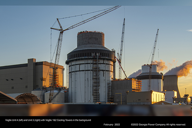 Vogtle Unit 4 (left) and Unit 3 (right) with Vogtle 1&2 Cooling Towers in the background